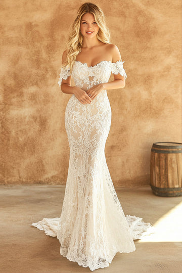 Robe de mariée longue en dentelle sirène blanche à épaules dénudées